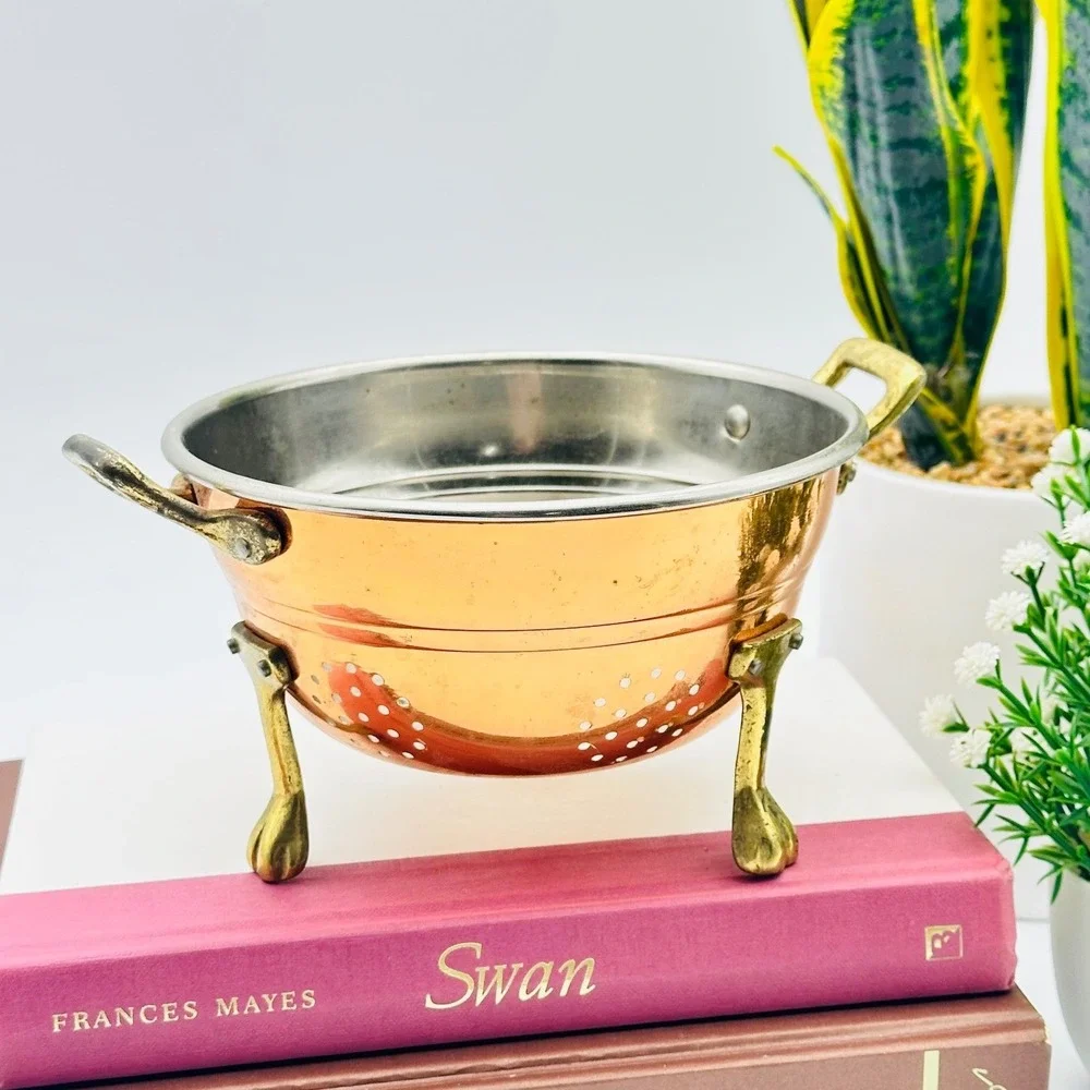 Vintage Copper Brass Colander Berry Strainer Lion Paw Feet Footed 7.5